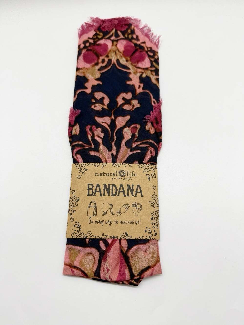 NWT Natural Life Bandana Pink Black Floral Fringe